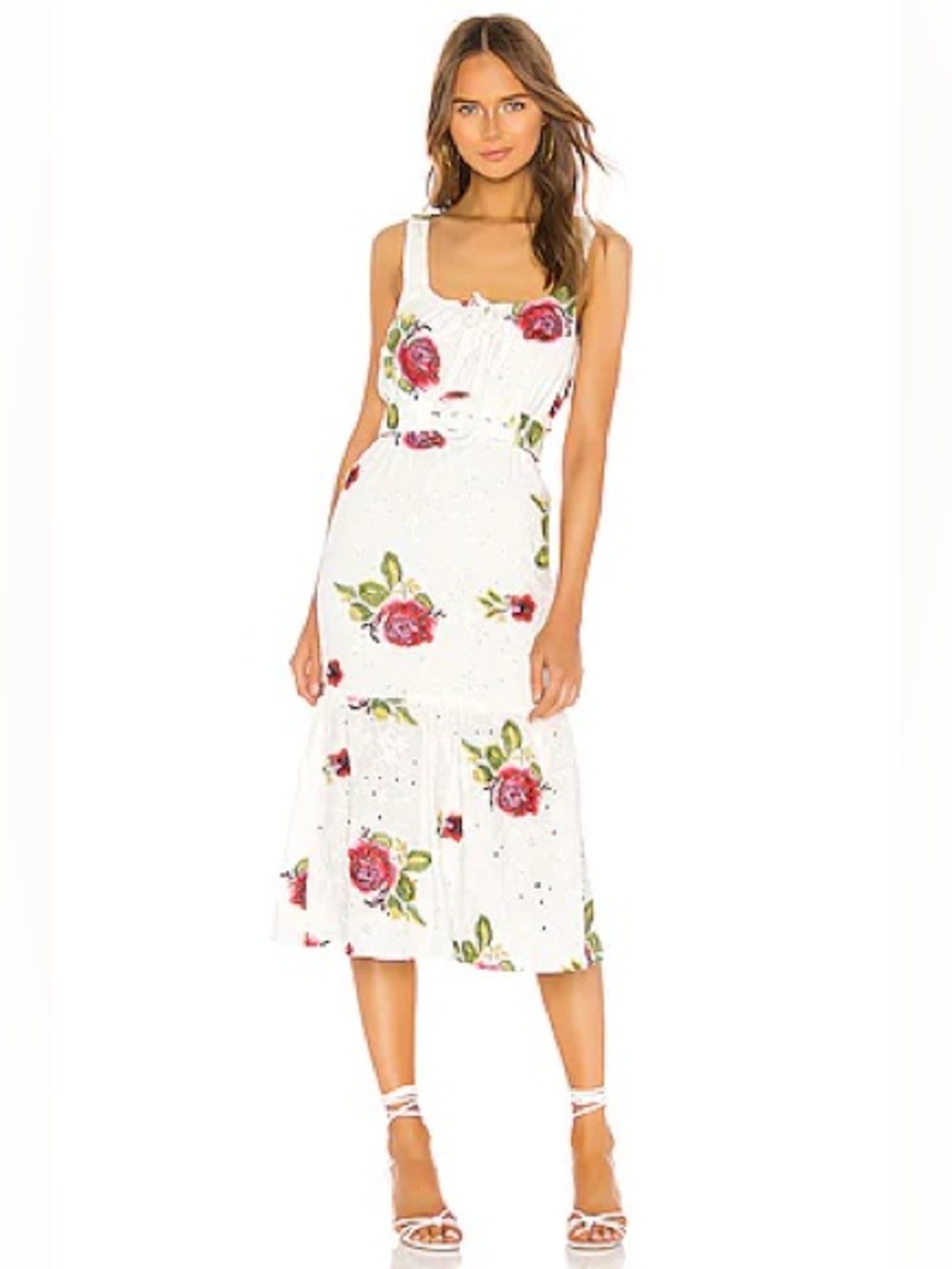 MAJORELLE White Rose Floral Eyelet Cutout Midi Dress